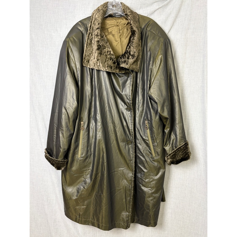 Wille Germany Metallic Olive Cocoon Coat‎ Faux Fur Collar Oversized 16 XL